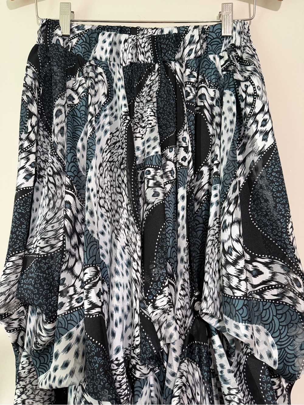 Boho Flowy Teal Black & White Abstract Handkerchief Maxi Skirt - Picture 14 of 15